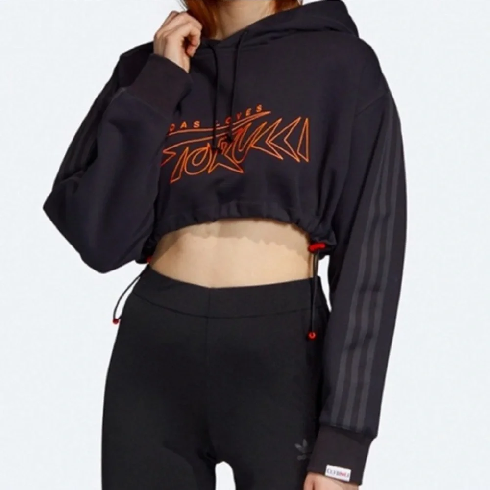 Adidas Originals X Fiorucci Crop Hoodie Black Cropped Hoodie with Orange Graphic
